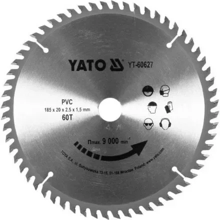 YATO Fűrésztárcsa PVC-hez 185 x 20 x 1,5 mm / 60T (YT-60627) Árengedmény