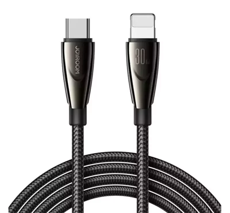 JOYROOM PIONEER adatkábel (Type-C - lightning, 30W, 120cm, gyorstöltő, cipőfüző) FEKETE Azonnali szállítás
