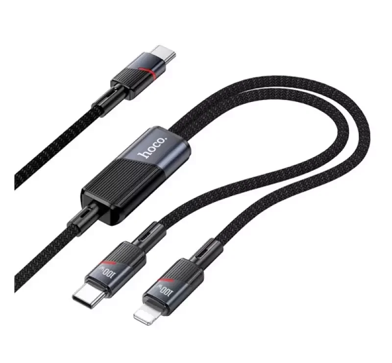 Szuper ajánlat HOCO U139 adatkábel 2in1 (Type-C - Type-C/lightning, 100W, gyorstöltő, cipőfűző, 120cm) FEKETE