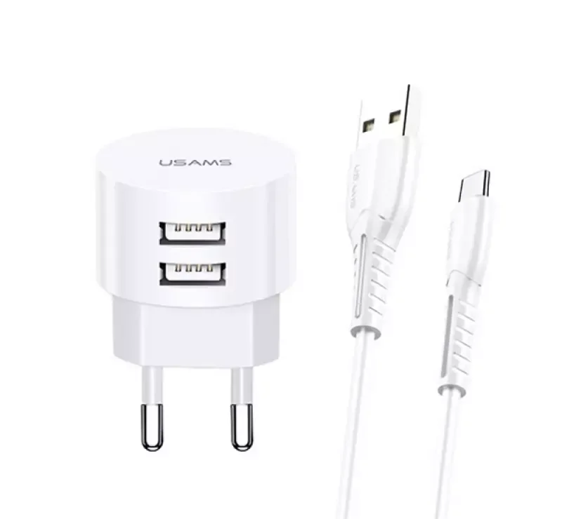 Usams T20 hálózati töltő 2 USB aljzat (10W, gyorstöltő + microUSB kábel) FEHÉR Biztonságos vásárlás