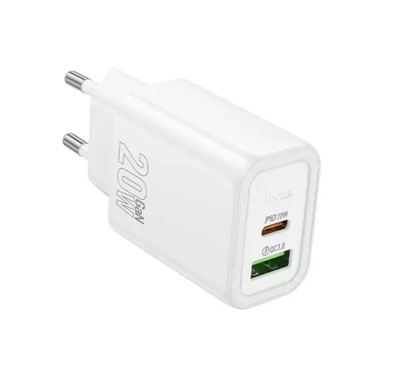 Olcsóbb HOCO N61 hálózati töltő USB+Type-C aljzat (20W, PD gyorstöltő 3.0) FEHÉR