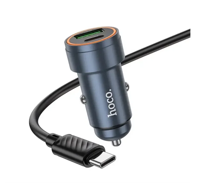HOCO Z57A autós töltő Type-C+USB aljzat (30W, PD gyorstöltő 3.0 + Type-C kábel) FEKETE Olcsó