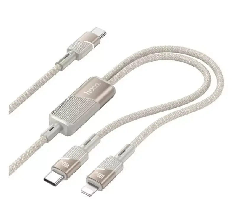 Prémium HOCO U139 adatkábel 2in1 (Type-C - Type-C/lightning, 100W, gyorstöltő, 120cm, cipőfűző) ARANY