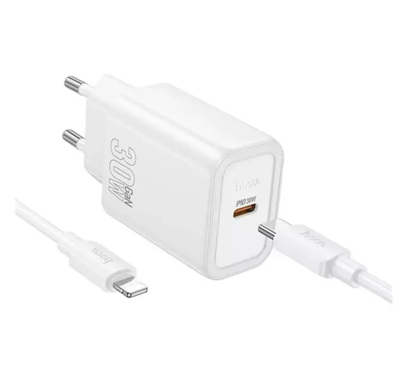 HOCO N62 hálózati töltő Type-C aljzat (30W, PD gyorstöltő 3.0 + lightning kábel) FEHÉR Legkelendőbb