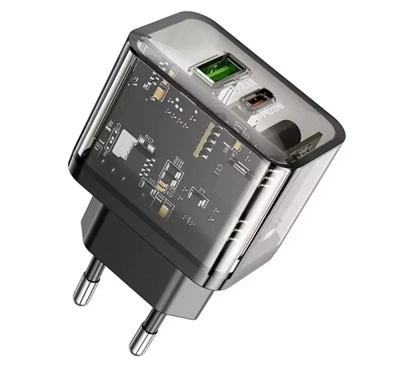 HOCO N34 hálózati töltő USB+Type-C aljzat (20W, PD gyorstöltő 3.0) FEKETE Azonnali szállítás