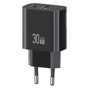 Alacsony ár Usams T65 hálózati töltő USB+Type-C aljzat (30W, PD gyorstöltő) FEKETE